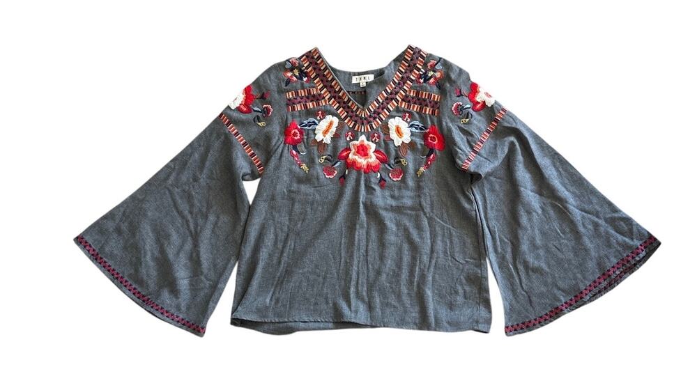 THML 100% Cotton Embroidered Bell Sleeve Top S Gray Floral Boho Peasant